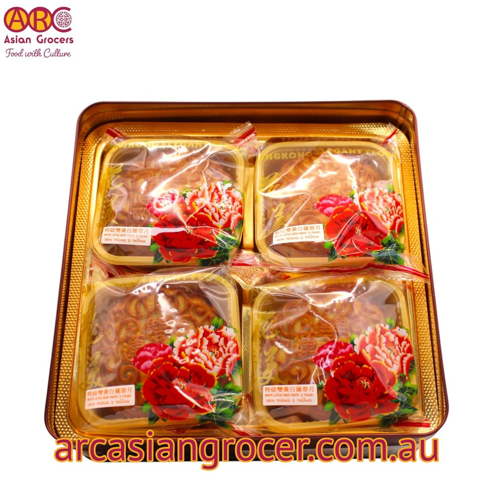 Hongkong Elegant Flower White Lotus Seed Paste With 2 Yolks Mooncake 4 Pieces (Best Before: 30-12-2026)
