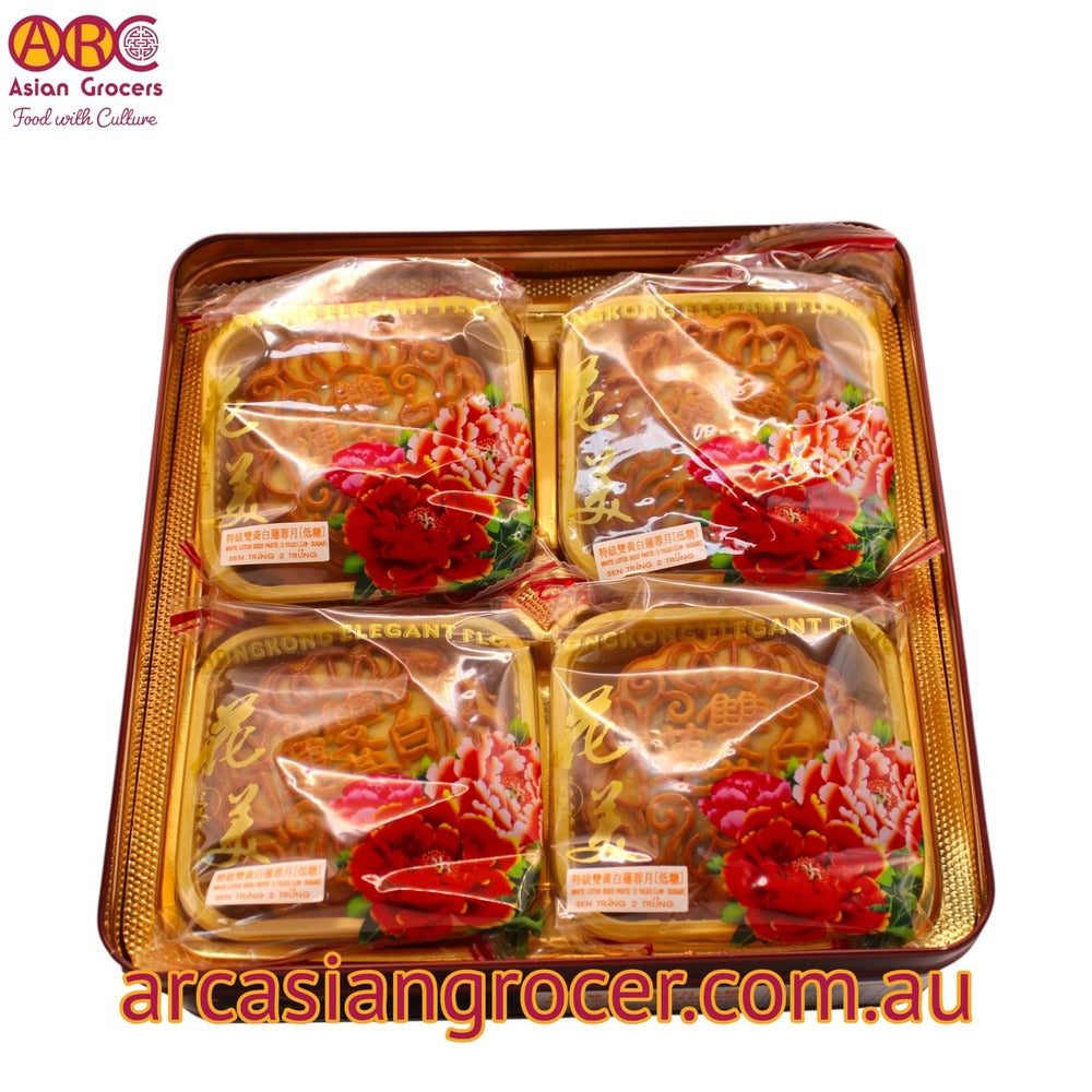 Hongkong Elegant Flower Low Sugar White Lotus Seed Paste With 2 Yolks Mooncake 4 Pieces (Best Before: 30-12-2026)