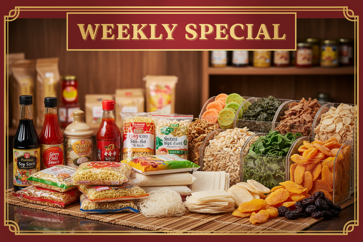 give me a good banner of asian dried stock such as sauce, noodles, snack for weekly special